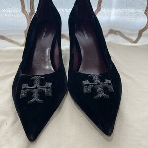 Tory Burch Black Velvet Pointed-Toe Heels with Logo